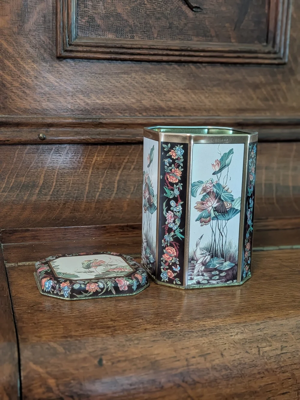 Meister Brazil Octagonal Tin Lotus Crane Floral Brass Chinoiserie